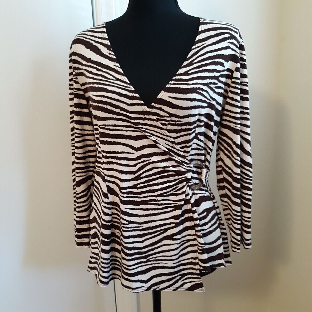 Chapter One Women’s Long Sleeve Animal Print Wrap Front Blouse Size Medium